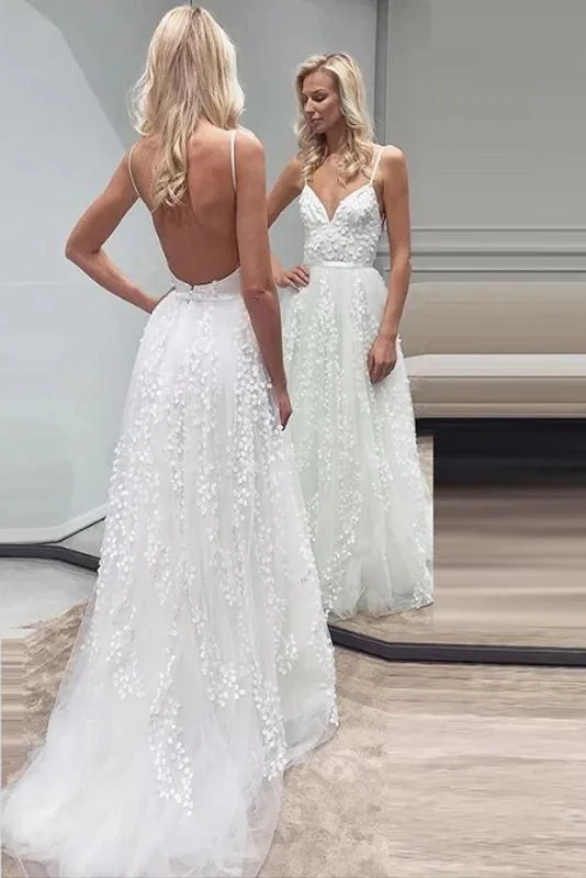Mermaid Style Wedding Dresses for Hourglass Figure -A Line Lace Spaghetti Straps Backless Long Backless Beautiful Wedding Dress OK1056