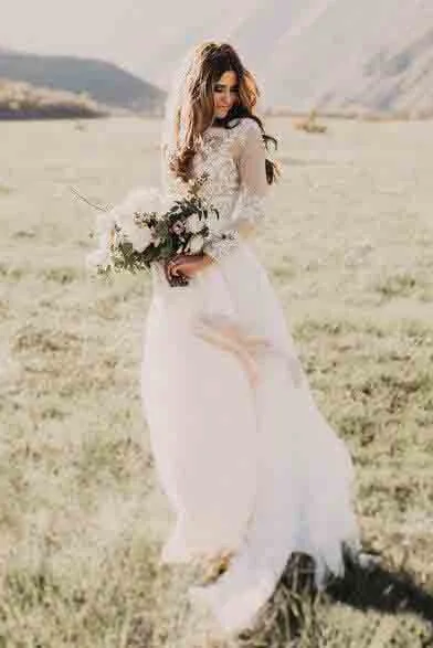 Wedding Dresses with Cap Sleeve for Graceful Look -A Line Long Sleeve Lace Appliqued Ivory Beach Wedding Dresses OKF83