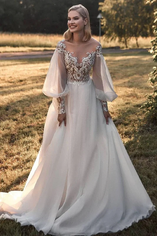 Elegant Lace Wedding Gowns for Bridal Perfection -A-line Long Sleeve Lace Appliques Tulle Sheer Neck Wedding Dress OKV24