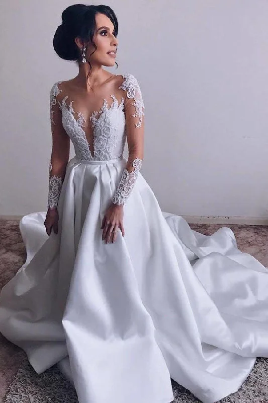 Bohemian Lace Wedding Dresses for Carefree Vibe -A Line Long Sleeve Satin Appliques Wedding Dress Cheap Long Bridal Dress OKH77 Bohemian Lace Wedding Dresses for Carefree Vibe -A Line Long Sleeve Satin Appliques Wedding Dress Cheap Long Bridal Dress OKH77