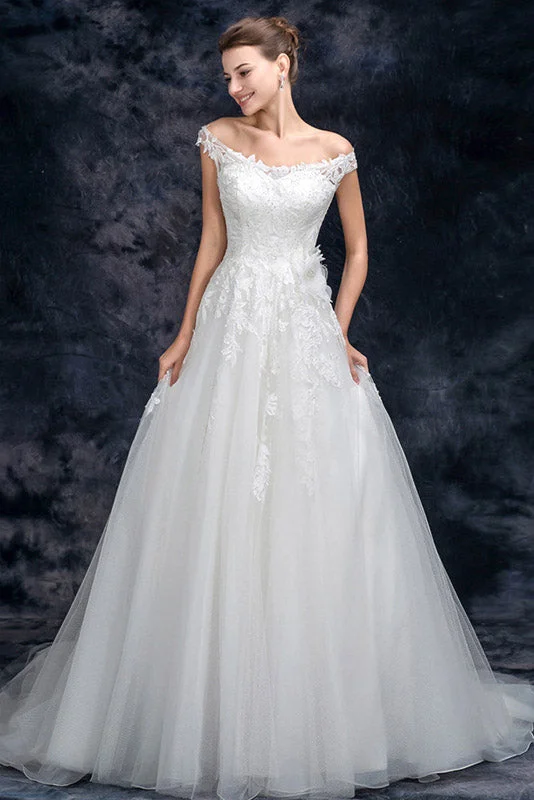 Sleek Satin Wedding Dresses for Clean, Minimalist Look -A Line Off the Shoulder Appliques Tulle Long Wedding Dress Bridal Dress OKQ26 Sleek Satin Wedding Dresses for Clean, Minimalist Look -A Line Off the Shoulder Appliques Tulle Long Wedding Dress Bridal Dress OKQ26