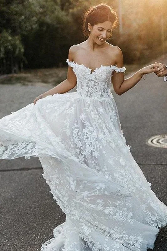 Bridal Gowns with Cap Sleeves for Elegant Look -A-Line Off-the-Shoulder Boho Wedding Dresses with Appliques OKL58