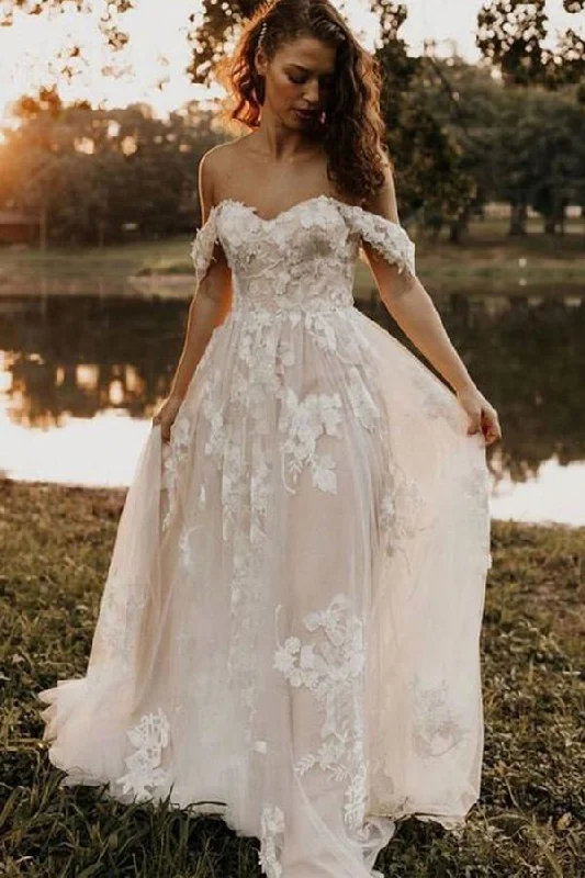 High-Neck Wedding Dresses with Lace for Modern Romance -A-line Off the Shoulder Lace Appliques Tulle Wedding Dress Boho Rustic Wedding Gown OKY33
