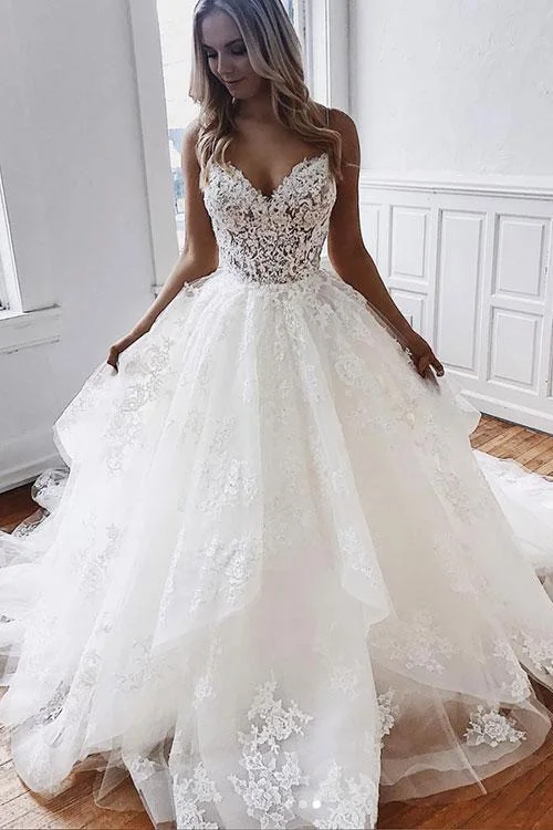 Illusion Wedding Dresses with Lace for Subtle Glamour -A-line Off White Sweetheart Spaghetti Straps Tulle Lace Appliques Long Wedding Dress OKY6