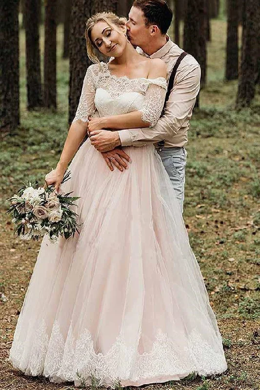 Crystal-Embellished Bridal Dresses for Sparkling Effect -A Line Pink Tulle Lace Backless Half Sleeves Lace Up Wedding Dresses, Bridal Gown OK1881 Crystal-Embellished Bridal Dresses for Sparkling Effect -A Line Pink Tulle Lace Backless Half Sleeves Lace Up Wedding Dresses, Bridal Gown OK1881