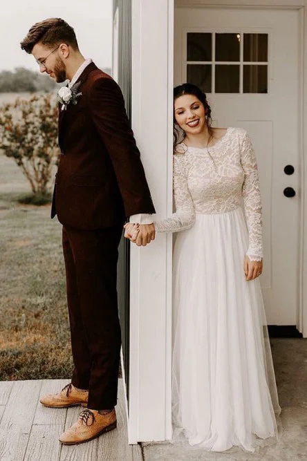 Elegant Off-Shoulder Wedding Dresses for Graceful Charm -A-line Round Neck Long Sleeves Backless Boho Wedding Dress with Lace OKS31