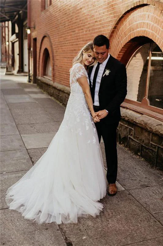 Wedding Dresses with Button Back Detail for Elegant Look -A Line Round Neck V-Back Short Sleeves Appliques Tulle Wedding Dress OK1071