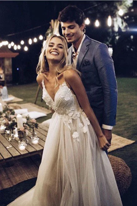 Wedding Dresses with 3D Floral Lace for Textured Look -A-line Spaghetti Straps Backless Sweep Train Boho Wedding Dress with Appliques OKR41 Wedding Dresses with 3D Floral Lace for Textured Look -A-line Spaghetti Straps Backless Sweep Train Boho Wedding Dress with Appliques OKR41