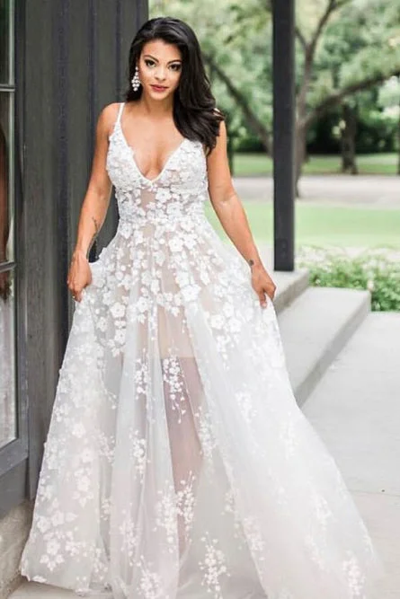 Luxury Wedding Dresses with Crystal Detailing for Glamour -A-line Spaghetti Straps Floor-Length V Neck Wedding Dress with Appliques OKS28 Luxury Wedding Dresses with Crystal Detailing for Glamour -A-line Spaghetti Straps Floor-Length V Neck Wedding Dress with Appliques OKS28
