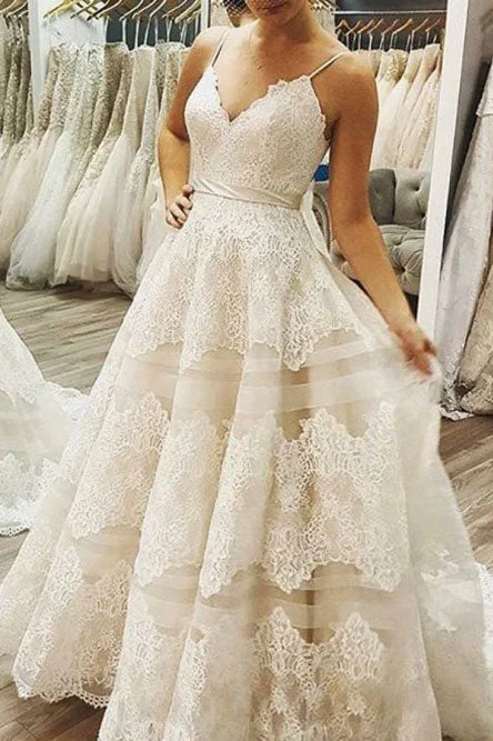Vintage Lace Bridal Dresses for Timeless Romance -A Line Spaghetti Straps Ivory Sweep Train Wedding Dress with Lace Bowknot OKR13 Vintage Lace Bridal Dresses for Timeless Romance -A Line Spaghetti Straps Ivory Sweep Train Wedding Dress with Lace Bowknot OKR13