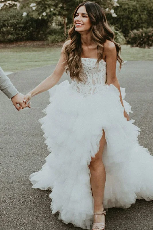 Lace Wedding Dresses with Train for Extra Drama -A-Line Strapless Asymmetric Ruffles Wedding Dresses with Appliques OKF87