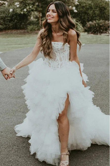 Long-Sleeve Wedding Dresses with Lace for Elegant Finish -A-line Strapless Ruffles Beach Wedding Dress with Appliques Split OKS36 Long-Sleeve Wedding Dresses with Lace for Elegant Finish -A-line Strapless Ruffles Beach Wedding Dress with Appliques Split OKS36