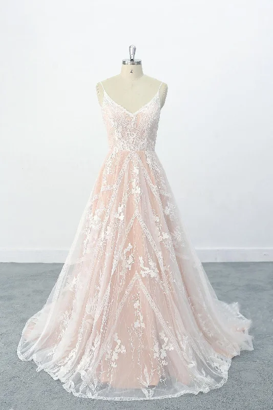 Wedding Dresses with Detachable Skirt for Versatility -A-line Style V Neckline Nude Orange Lining Wedding Dress with Flora Lace Skirt OKU72