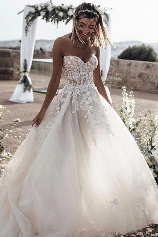 Bohemian Wedding Dresses for Free-Spirited Brides -A Line Sweetheart Long Cheap Tulle Wedding Dress with Lace Appliques OKM81