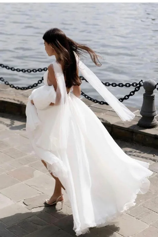 Wedding Dresses with Empire Waist for Flattering Fit -A-line Tulle Deep V Neck Summer Bridal Dresses with Ribbons Beach Wedding Dress OK1705
