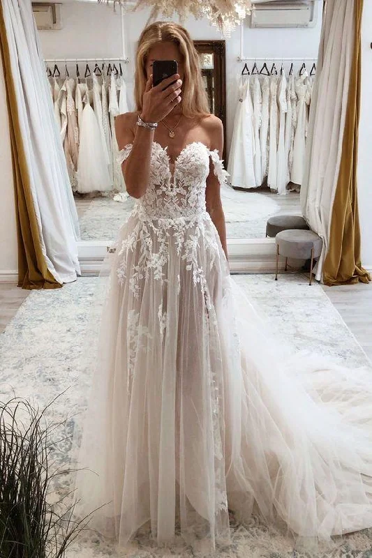 Vintage Lace Wedding Gowns for Timeless Weddings -A Line Tulle Lace Appliques Off the Shoulder Floor Length Wedding Dress OK1098