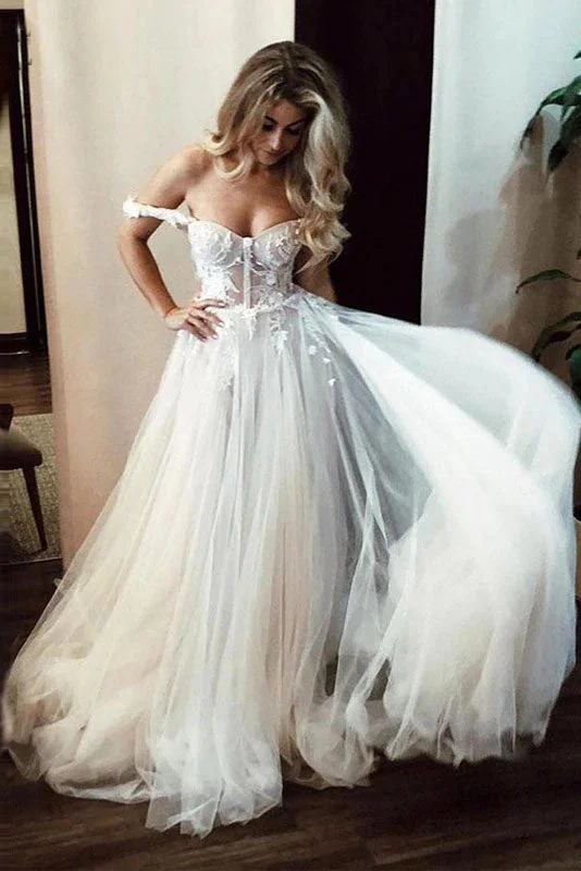 Modern Wedding Dresses with Clean Lines for Sleek Look -A-line Tulle Off the SHoulder Wedding Dress Lace Appliques Bride Dress OKV62