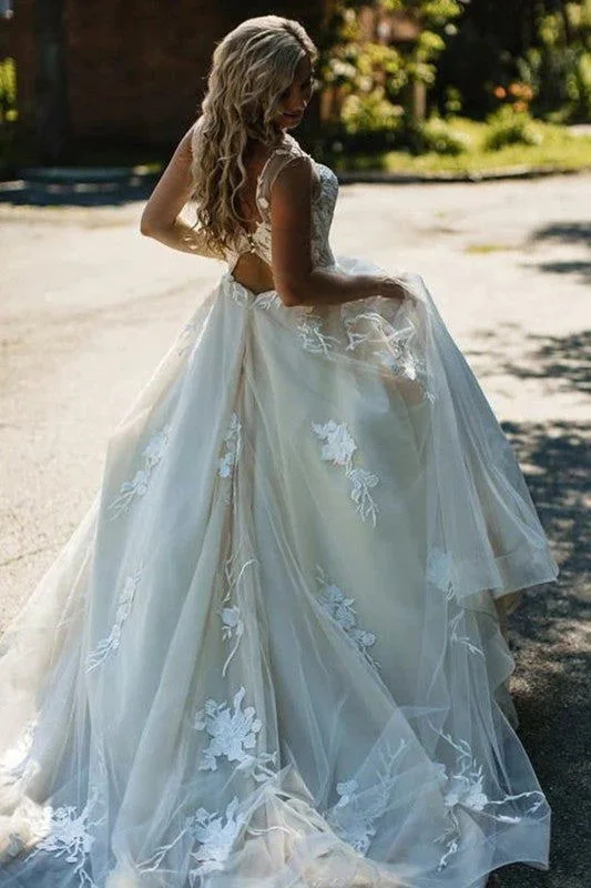 Wedding Dresses with Ruching for Flattering Shape -A-line Tulle Open Back Beach Wedding Dress Lace Appliques Princess Bridal Gowns OK1644