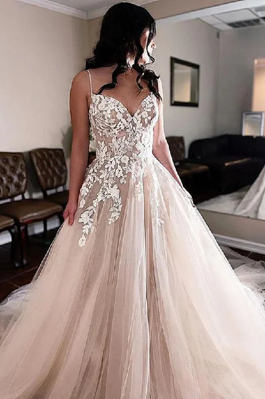 Wedding Dresses with Layered Tulle for Extra Volume -A Line Tulle Spaghetti Straps V Neck Lace Appliques Wedding Dresses OK1731 Wedding Dresses with Layered Tulle for Extra Volume -A Line Tulle Spaghetti Straps V Neck Lace Appliques Wedding Dresses OK1731