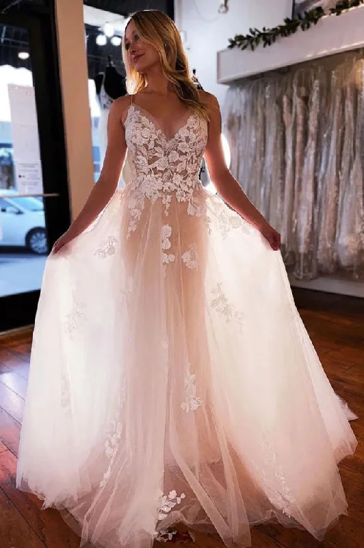 High-Low Wedding Dresses for Modern Twist -A Line Tulle V Neck Backless Lace Floral Appliques Long Wedding Dresses OK1736 High-Low Wedding Dresses for Modern Twist -A Line Tulle V Neck Backless Lace Floral Appliques Long Wedding Dresses OK1736