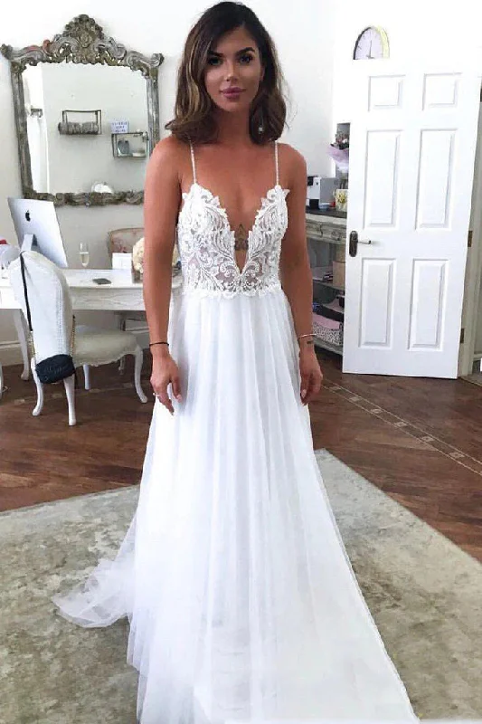 Wedding Dresses with Lace Appliques for Detailed Design -A Line Tulle V Neck Backless Lace Top Beach Wedding Dresses OK1793 Wedding Dresses with Lace Appliques for Detailed Design -A Line Tulle V Neck Backless Lace Top Beach Wedding Dresses OK1793
