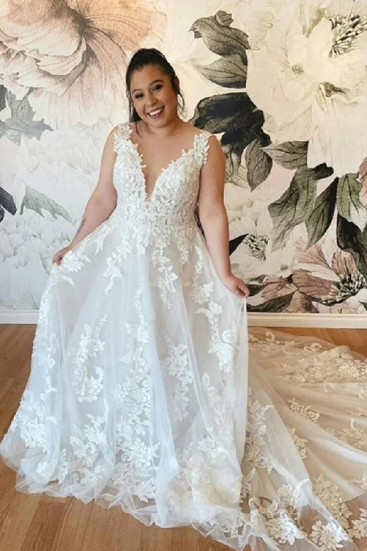 Wedding Dresses with Satin Belt for Stylish Finish -A Line V Neck Backless Off White Lace Long Plus Size Wedding Dresses OK1734 Wedding Dresses with Satin Belt for Stylish Finish -A Line V Neck Backless Off White Lace Long Plus Size Wedding Dresses OK1734