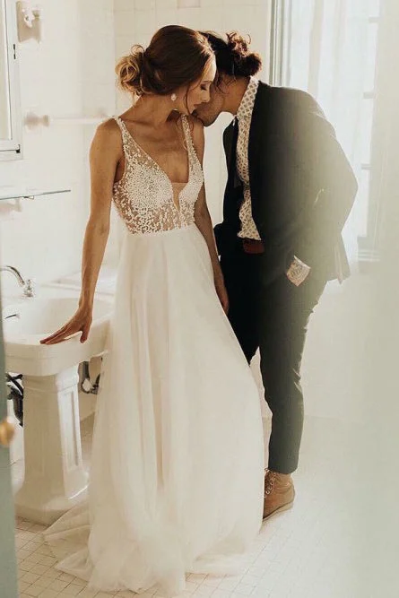 Wedding Dresses with Corset Detail for Shaped Silhouette -A-line V-Neck Backless Sweep Train Tulle Sexy Wedding Dress with Pearls OKS37 Wedding Dresses with Corset Detail for Shaped Silhouette -A-line V-Neck Backless Sweep Train Tulle Sexy Wedding Dress with Pearls OKS37