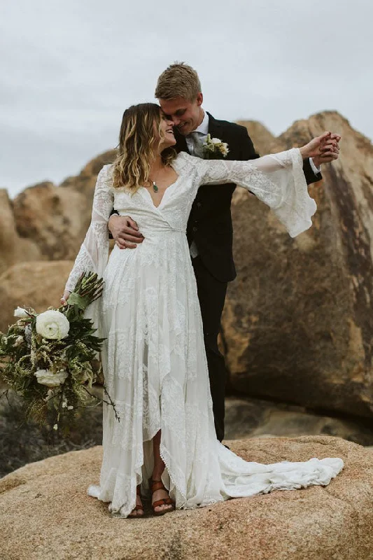 Empire Waist Lace Wedding Dresses for Romantic Appeal -A-Line V-Neck Bell Sleeves Sweep Train Lace Wedding Dresses with Split OKM23