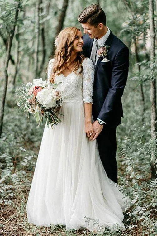 Long-Sleeve Wedding Dresses with Lace for Elegant Finish -A-Line V-Neck Half Sleeves Backless Tulle Wedding Dress with Lace Top OKM85 Long-Sleeve Wedding Dresses with Lace for Elegant Finish -A-Line V-Neck Half Sleeves Backless Tulle Wedding Dress with Lace Top OKM85