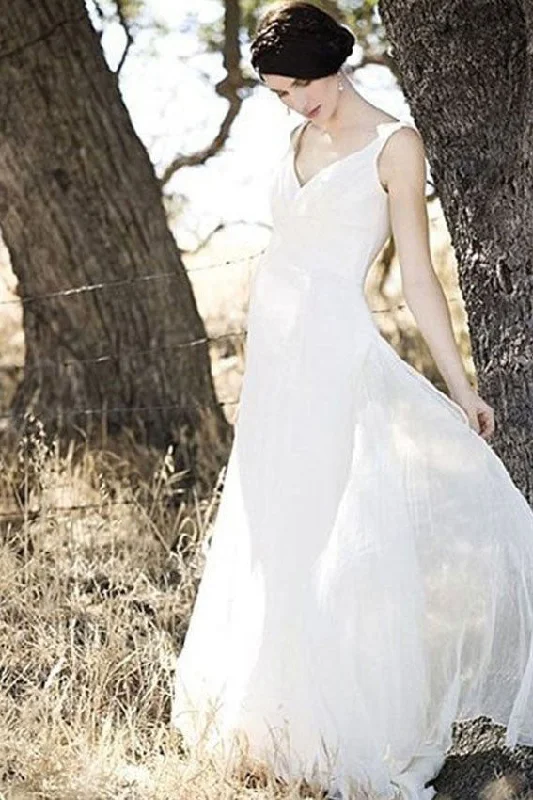 Structured A-Line Wedding Dresses for Classic Elegance -A-line V-neck Ivory Chiffon Floor Length Sleevesless Simple Beach Wedding Dress OK223 Structured A-Line Wedding Dresses for Classic Elegance -A-line V-neck Ivory Chiffon Floor Length Sleevesless Simple Beach Wedding Dress OK223