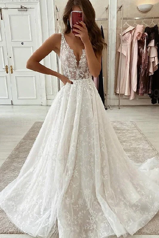 High-Neck Wedding Dresses for Elegant Coverage -A-line V-Neck Ivory Pleated Lace Cheap Wedding Dress Bridal Gown OKU89