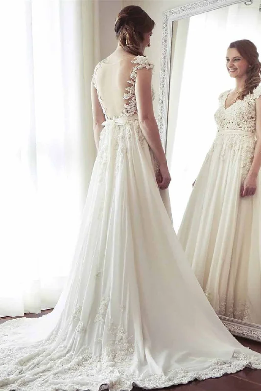 Beaded Wedding Dresses for a Sparkling Effect -A-Line V Neck Lace Appliqued Cap Sleeves Ivory Long Wedding Dresses OKC72 Beaded Wedding Dresses for a Sparkling Effect -A-Line V Neck Lace Appliqued Cap Sleeves Ivory Long Wedding Dresses OKC72