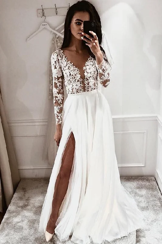Tiered Lace Wedding Dresses for Fun and Formal Style -A Line V-neck Lace Appliques Long Sleeves Beach Wedding Dress with Split OK1113