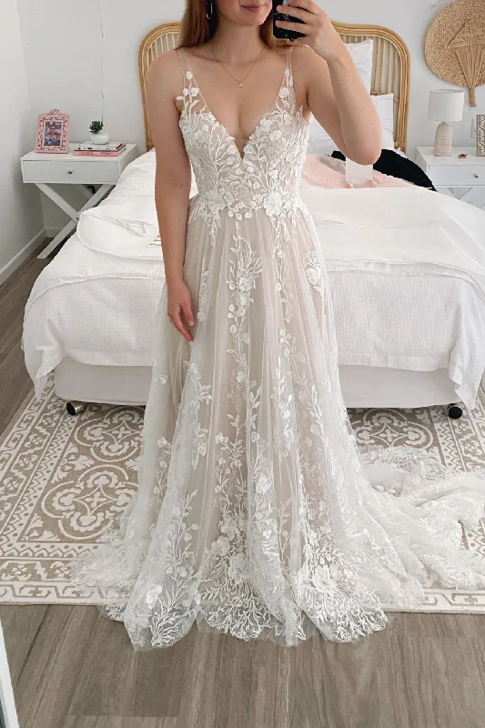 Beach Wedding Dresses for Destination Weddings -A Line V Neck Lace Appliques Tulle V Back Long Wedding Dress OK1097