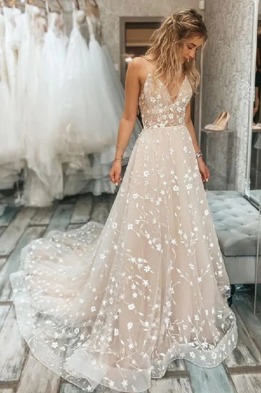 Lace Wedding Dresses with 3D Flowers for Floral Appeal -A Line V Neck Lace Floral Long Prom Dresses Elegant Straps Wedding Dresses OK1733 Lace Wedding Dresses with 3D Flowers for Floral Appeal -A Line V Neck Lace Floral Long Prom Dresses Elegant Straps Wedding Dresses OK1733