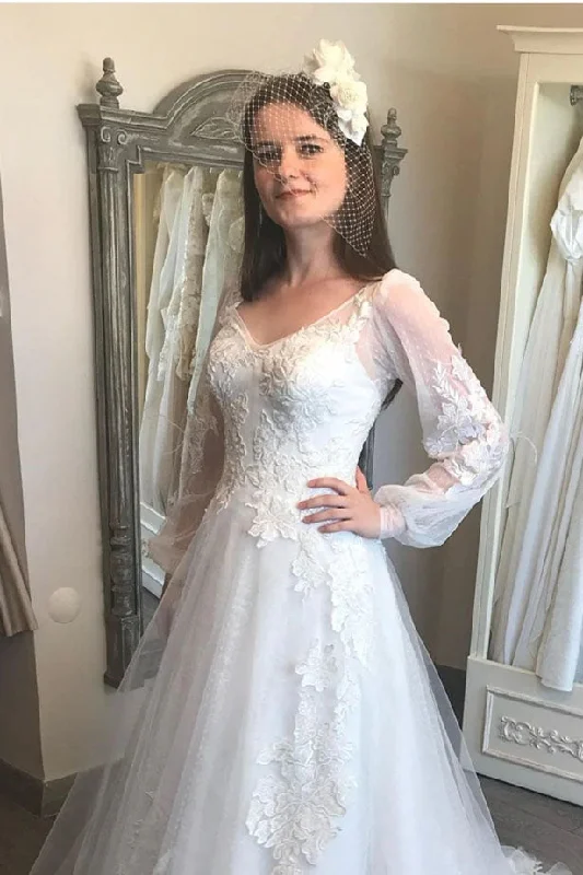 Wedding Dresses with Crystal Detail for Glamour -A-line V-Neck Lantern Sleeve Lace Appliques Wedding Lace Up Back Formal Bride Gowns OKV35