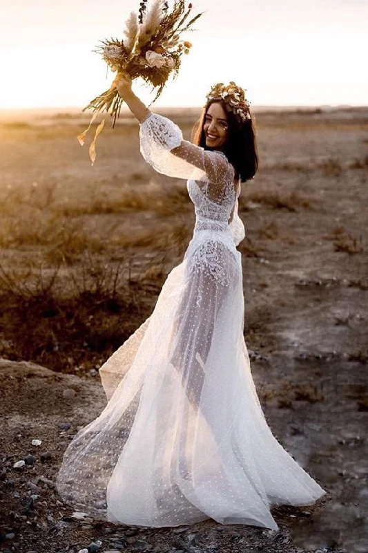 Simple Wedding Dresses for Understated Style -A-Line V-Neck Long Sleeves Beach Wedding Dresses with Appliques OKL49