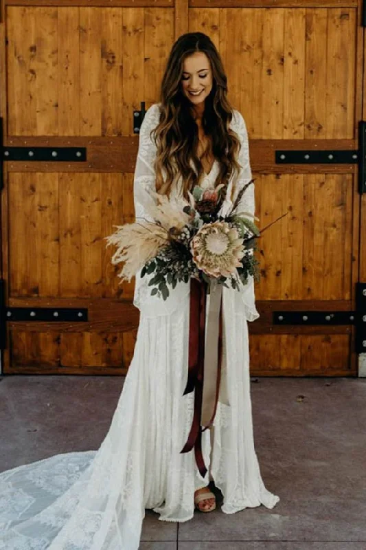 Elegant Wedding Dresses with Sequins for Sparkling Effect -A-line V-neck Long Sleeves Boho Wedding Dresses, Princess Lace Wedding Gowns OK1765 Elegant Wedding Dresses with Sequins for Sparkling Effect -A-line V-neck Long Sleeves Boho Wedding Dresses, Princess Lace Wedding Gowns OK1765