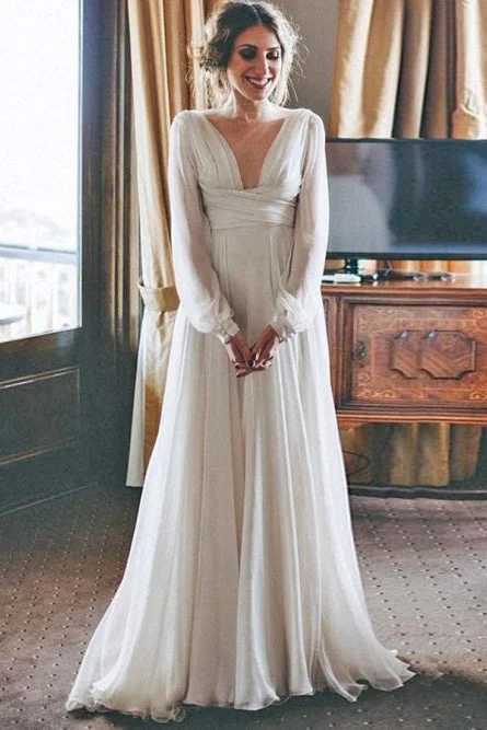 Lace Wedding Dresses with Floor-Length Train for Dramatic Look -A-Line V-Neck Long Sleeves Floor Length Chiffon Beach Wedding Dress OKR79 Lace Wedding Dresses with Floor-Length Train for Dramatic Look -A-Line V-Neck Long Sleeves Floor Length Chiffon Beach Wedding Dress OKR79