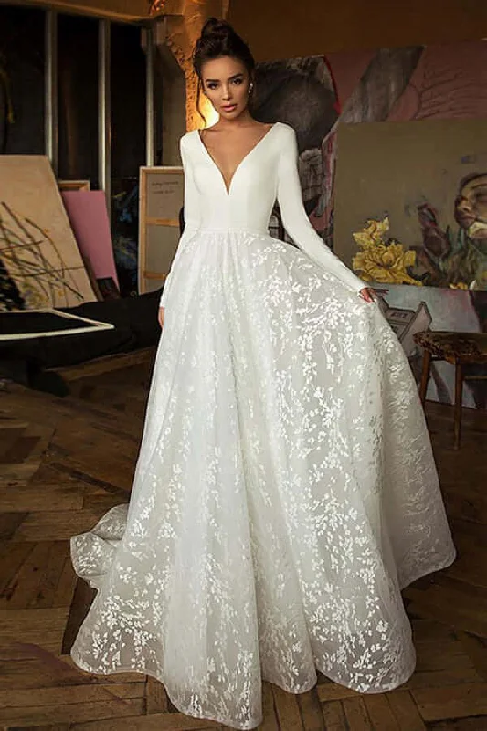 Bridal Dresses with Train for Extra Drama -A-line V-neck Long Sleeves Wedding Dresses With Court Train, Bridal Gown OK1807 Bridal Dresses with Train for Extra Drama -A-line V-neck Long Sleeves Wedding Dresses With Court Train, Bridal Gown OK1807