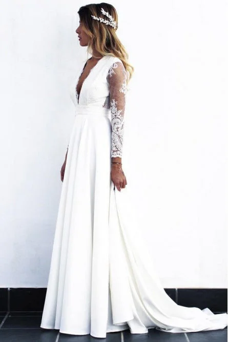 Wedding Dresses with Open Back for Daring Style -A-Line V-Neck Open Back Long Sleeves Wedding Dress with Lace Appliques OKR82