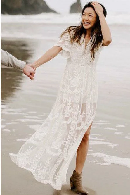 A-Line Satin Wedding Dresses for Classic Appeal -A-line V-Neck Short Sleeves Bohemian Lace Beach Wedding Dress with Split OKR37