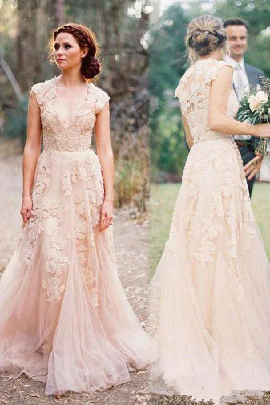 Wedding Dresses with Bow Detail for Playful Style -Pearl Pink A Line V-neck Sleeveless Floor-Length Tulle Wedding Dresses With Lace Appliques OK379