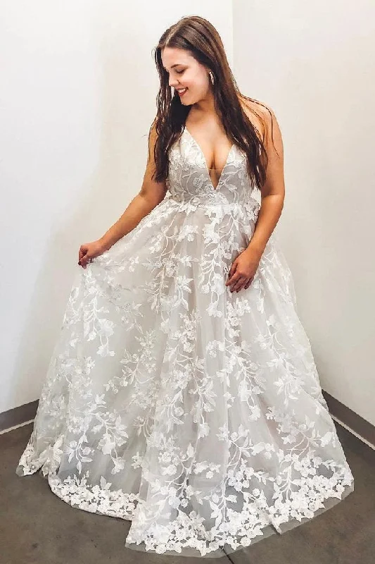 Layered Wedding Dresses for Full Volume -A Line V Neck Spaghetti Straps Lace Boho Wedding Dress Elegant Bridal Dress OK1094