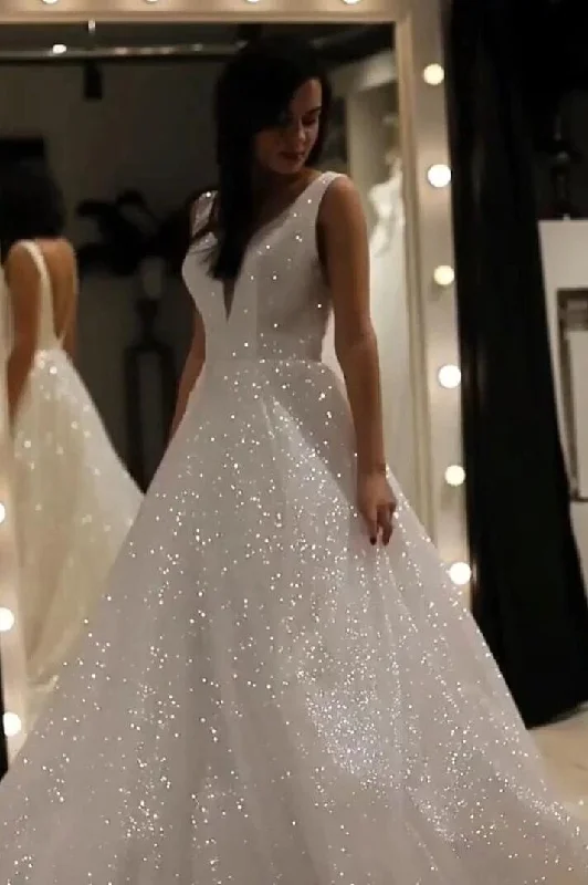 Off-The-Shoulder Gown Wedding Dresses for Sophisticated Charm -A-Line V-neck Sparkly Wedding Dress Sequin Backless Prom Bridal Dress OK1206 Off-The-Shoulder Gown Wedding Dresses for Sophisticated Charm -A-Line V-neck Sparkly Wedding Dress Sequin Backless Prom Bridal Dress OK1206