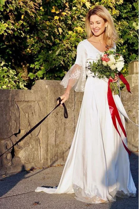 Vintage Lace Wedding Dresses for Timeless Romance -A-Line V-Neck V Back 3/4 Sleeves Satin Boho Wedding Dress with Lace OKS27