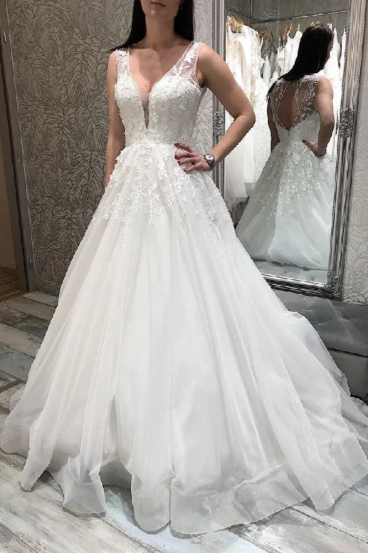 Wedding Dresses with Low Back for Sultry Look -A Line V Neck White Lace Appliques Long Wedding Dresses, Elegant Bridal Dresses OK1759 Wedding Dresses with Low Back for Sultry Look -A Line V Neck White Lace Appliques Long Wedding Dresses, Elegant Bridal Dresses OK1759