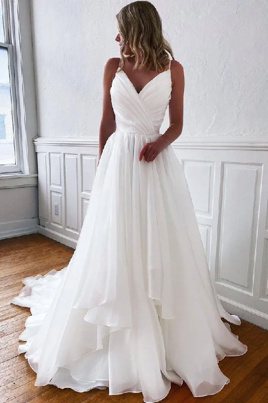 Wedding Dresses with Puff Sleeves for Romantic Appeal -A-line V Neck White Spaghetti Straps Simple Beach Wedding Dress OKX22 Wedding Dresses with Puff Sleeves for Romantic Appeal -A-line V Neck White Spaghetti Straps Simple Beach Wedding Dress OKX22