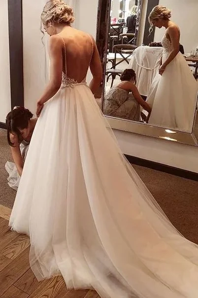 Bridesmaid Wedding Dresses for Coordinated Look -Backless A Line Spaghetti Straps Tulle Beach Wedding Dress Fashion Custom Made Bridal Dress OK1090