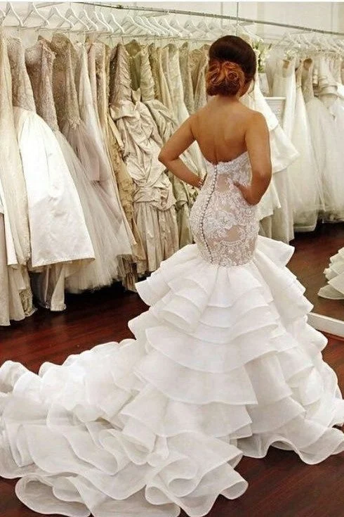 Layered Wedding Dresses for Full Volume -Backless Lace Strapless Bridal Dresses Mermaid Ruffled Train Wedding Dresses OK1590 Layered Wedding Dresses for Full Volume -Backless Lace Strapless Bridal Dresses Mermaid Ruffled Train Wedding Dresses OK1590